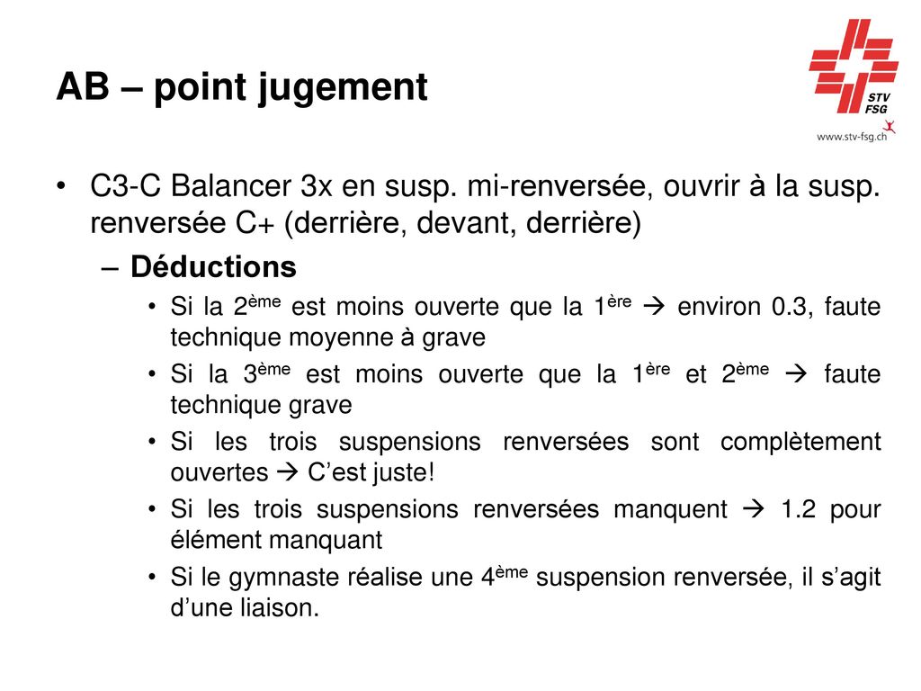 AB – point jugement C3-C Balancer 3x en susp. mi-renversée, ouvrir à la susp. renversée C+ (derrière, devant, derrière)