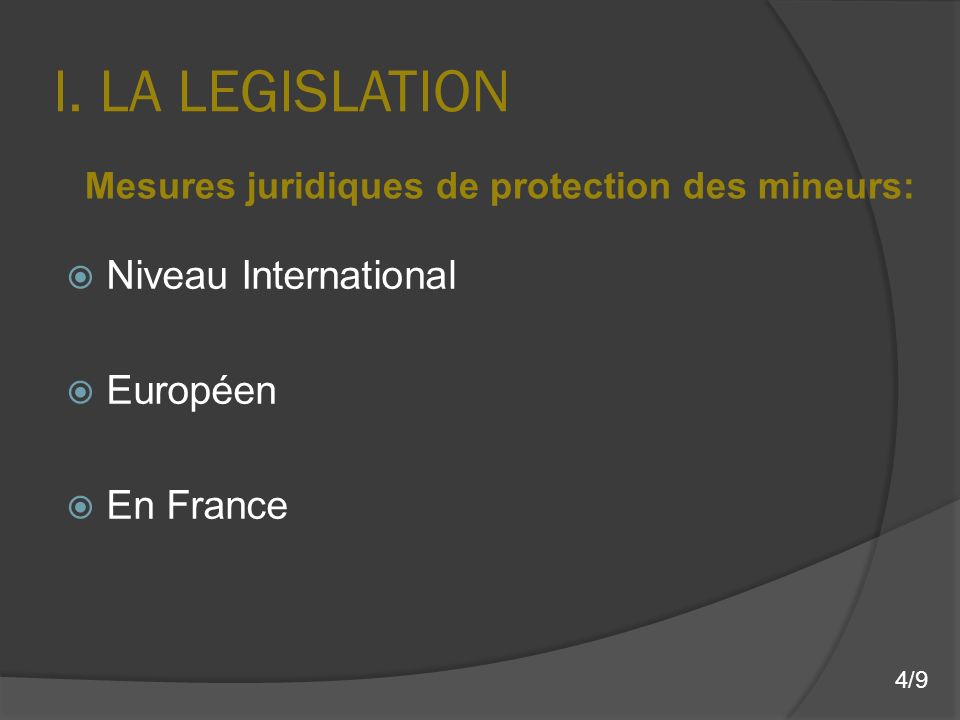 I. LA LEGISLATION Niveau International Européen En France