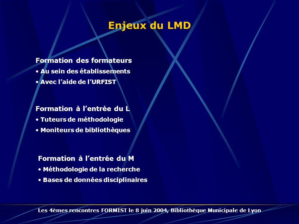 Enjeux du LMD Formation des formateurs Formation à l’entrée du L