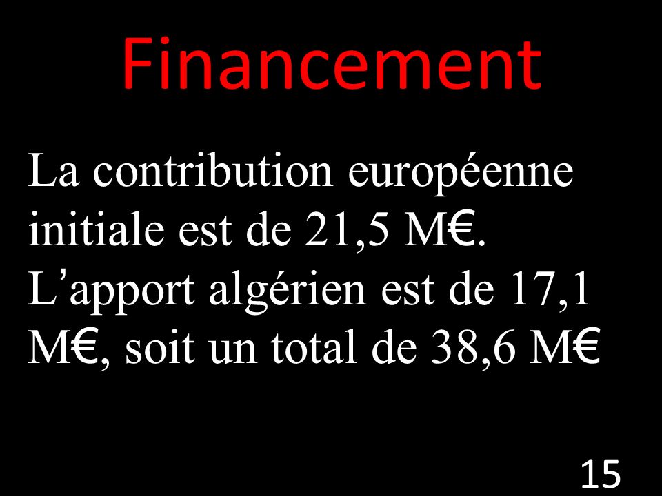Financement La contribution européenne initiale est de 21,5 M€.