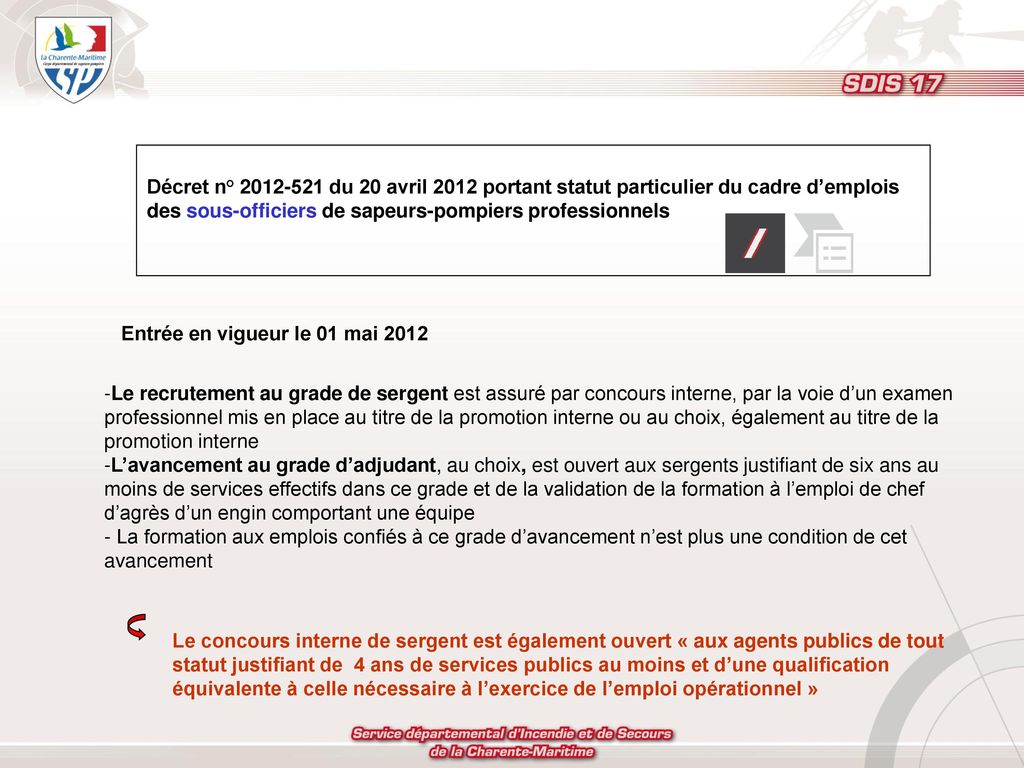 Décret n° du 20 avril 2012 portant statut particulier du cadre d’emplois des sous-officiers de sapeurs-pompiers professionnels