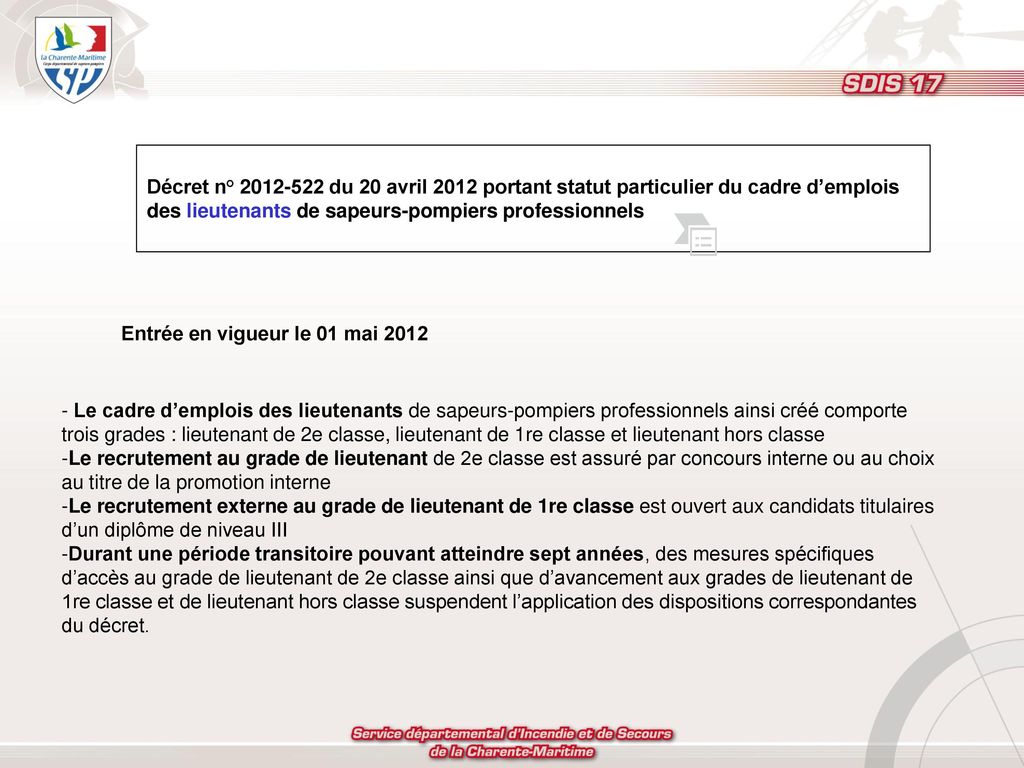 Décret n° du 20 avril 2012 portant statut particulier du cadre d’emplois des lieutenants de sapeurs-pompiers professionnels