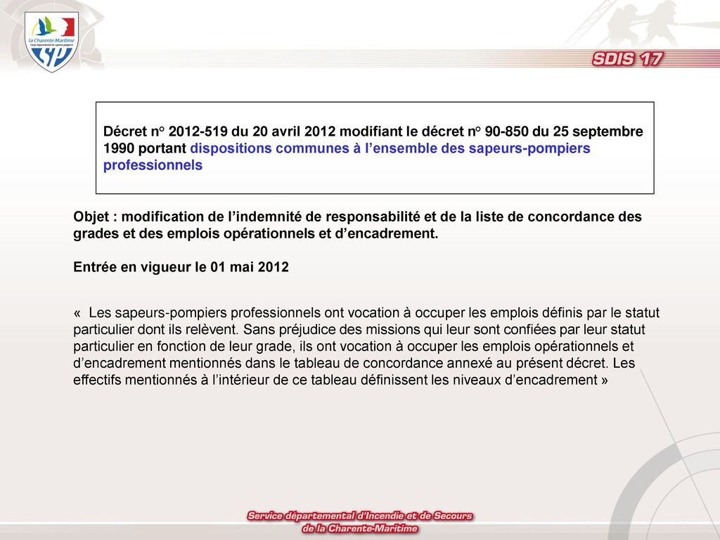 Décret n° du 20 avril 2012 modifiant le décret n° du 25 septembre 1990 portant dispositions communes à l’ensemble des sapeurs-pompiers professionnels