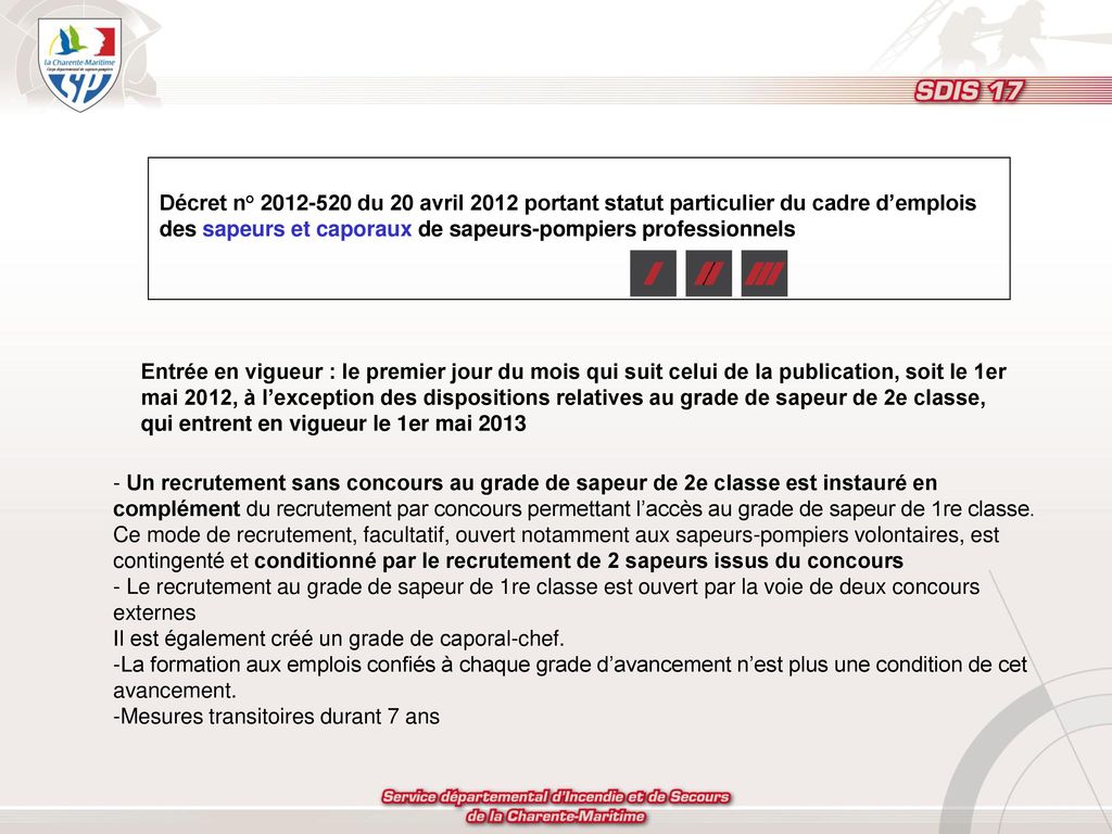 Décret n° du 20 avril 2012 portant statut particulier du cadre d’emplois des sapeurs et caporaux de sapeurs-pompiers professionnels