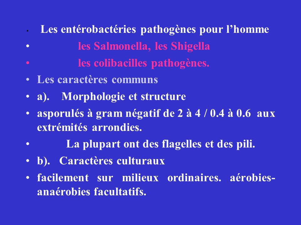 les Salmonella, les Shigella les colibacilles pathogènes.