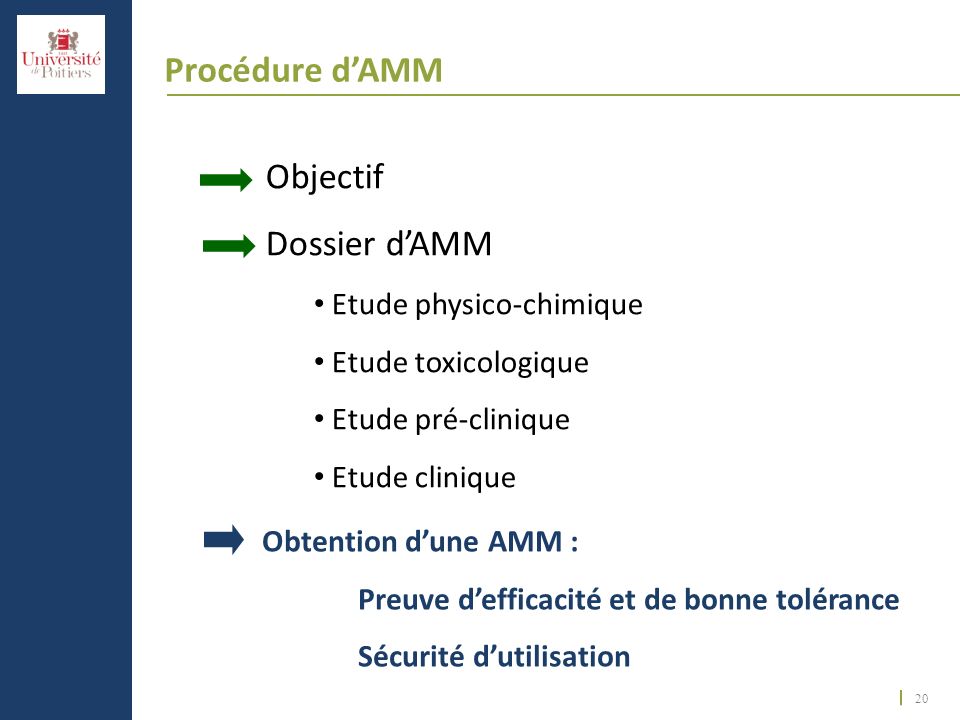 Procédure d’AMM Objectif Dossier d’AMM Etude physico-chimique