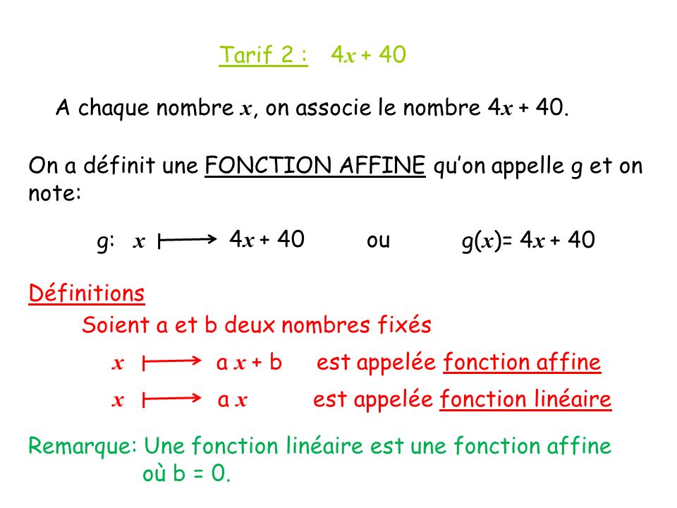 Tarif 2 : 4x + 40 A chaque nombre x, on associe le nombre 4x On a définit une FONCTION AFFINE qu’on appelle g et on note: