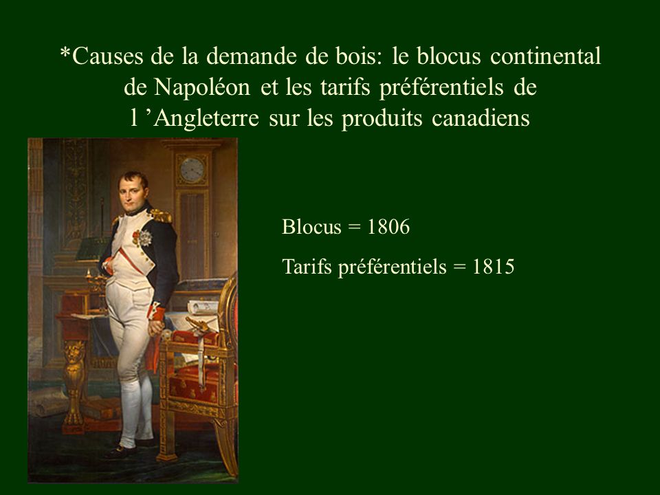 *Causes de la demande de bois: le blocus continental de Napoléon et les tarifs préférentiels de l ’Angleterre sur les produits canadiens