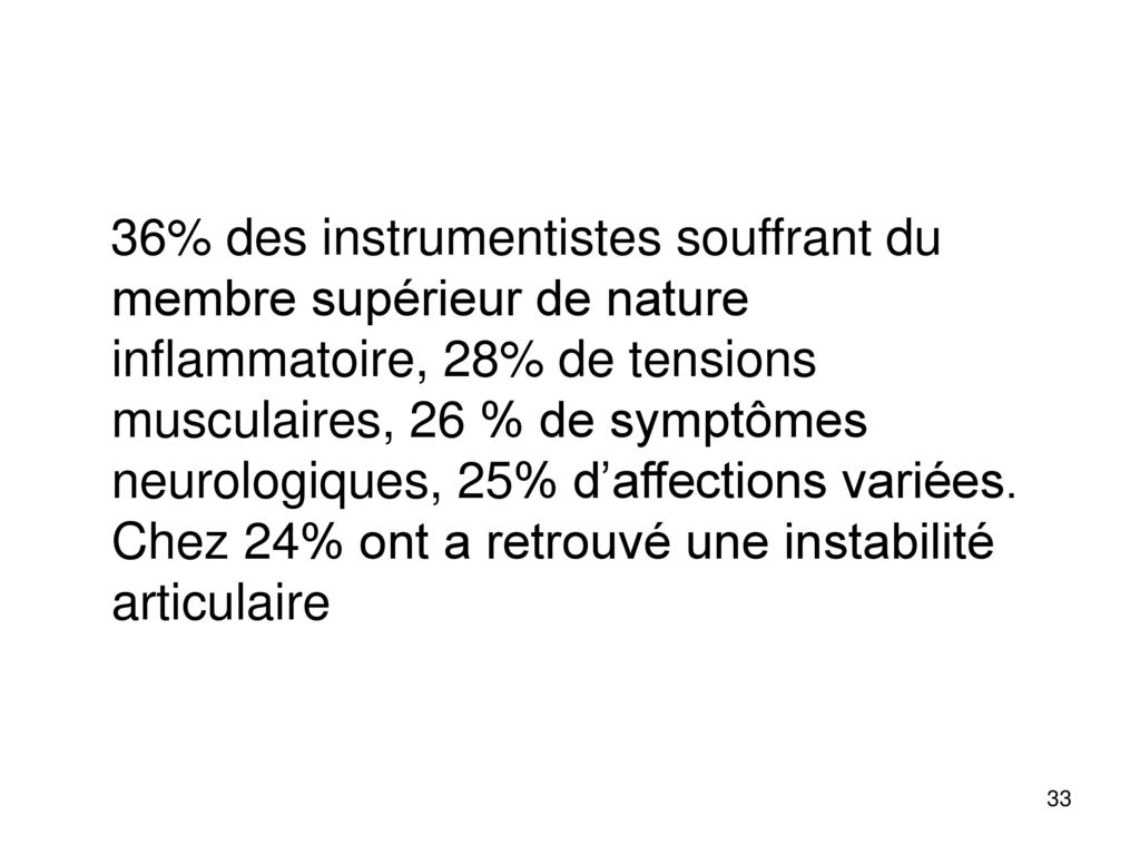 36% des instrumentistes souffrant du membre supérieur de nature inflammatoire, 28% de tensions musculaires, 26 % de symptômes neurologiques, 25% d’affections variées.