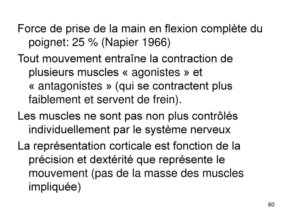Force de prise de la main en flexion complète du poignet: 25 % (Napier 1966)