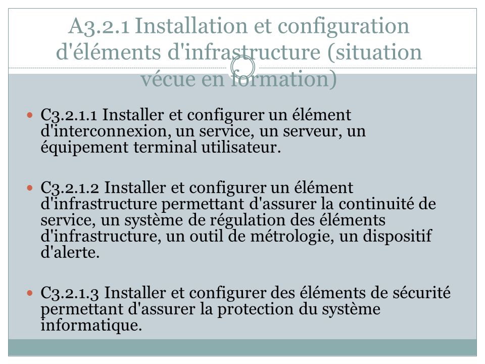 A3.2.1 Installation et configuration d éléments d infrastructure (situation vécue en formation)