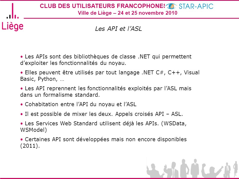 Les API et l’ASL Les APIs sont des bibliothèques de classe .NET qui permettent d’exploiter les fonctionnalités du noyau.