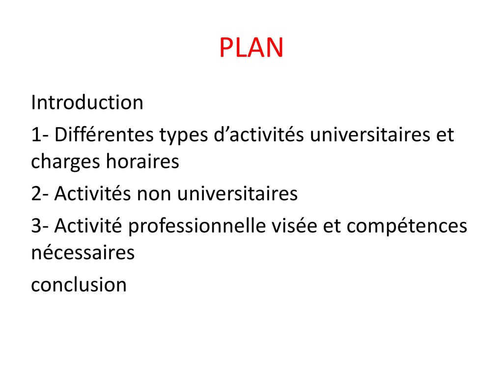 PLAN Introduction. 1- Différentes types d’activités universitaires et charges horaires. 2- Activités non universitaires.