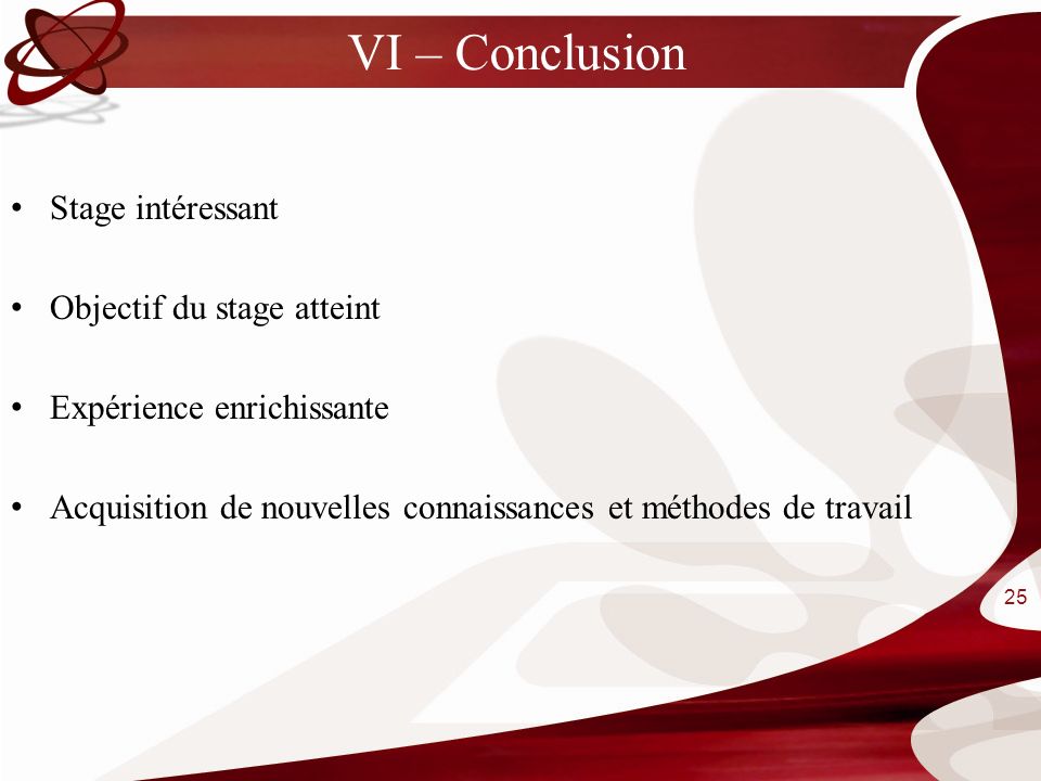 VI – Conclusion Stage intéressant Objectif du stage atteint