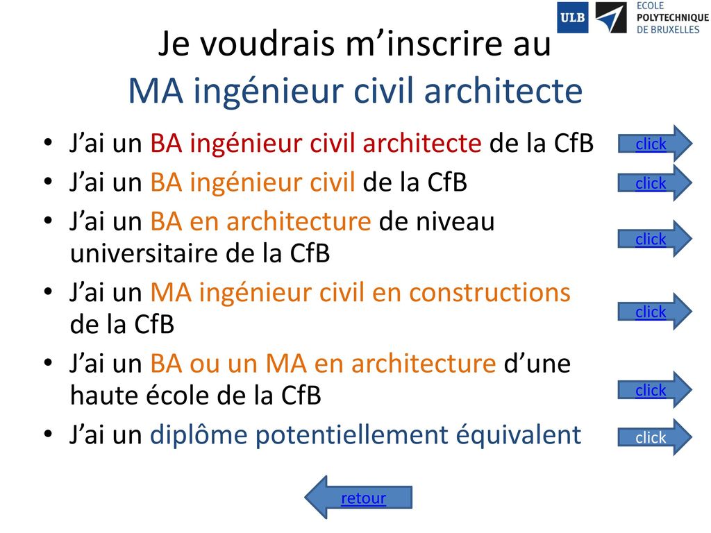 Je voudrais m’inscrire au MA ingénieur civil architecte