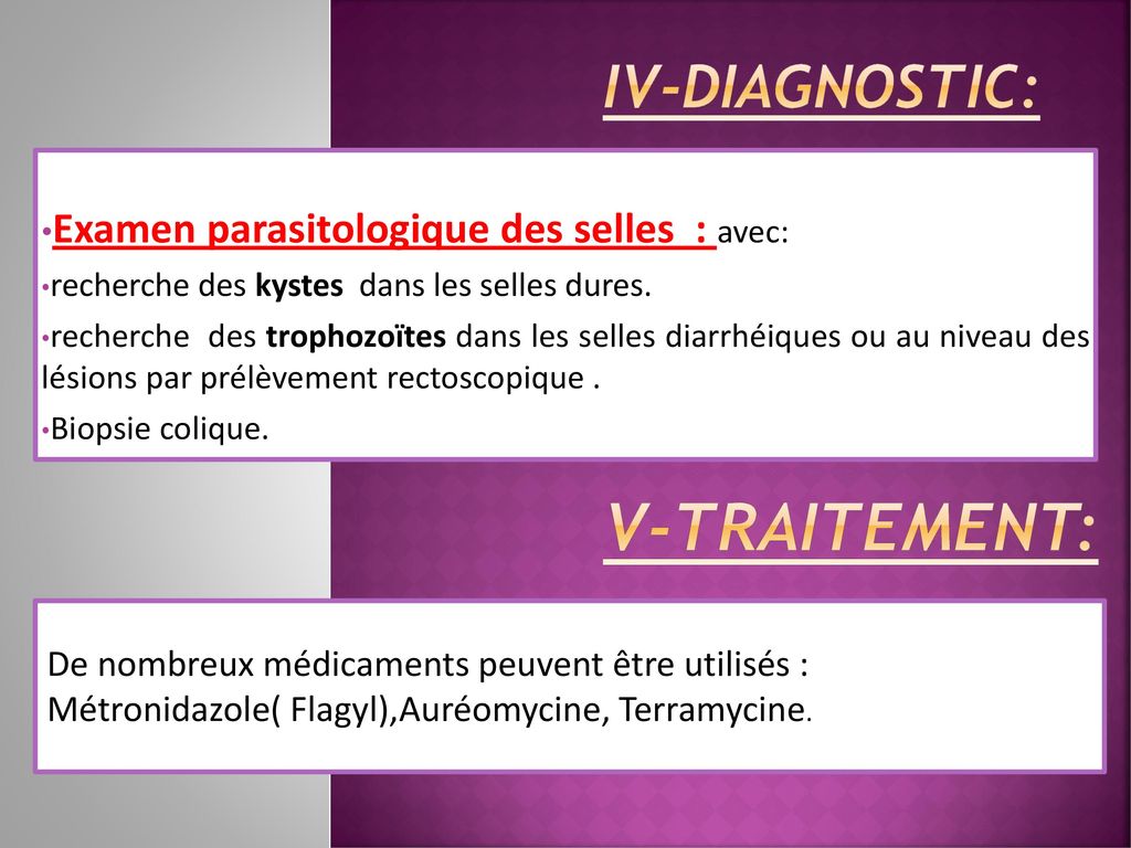 V-Traitement: IV-Diagnostic: Examen parasitologique des selles : avec:
