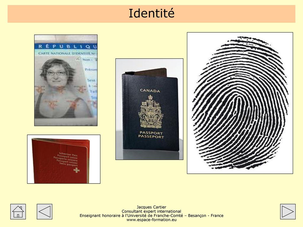 Identité Mon identité peut être « papier » ou une trace corporelle : carte d’identité, passeport, permis de conduire, carte d’électeur.