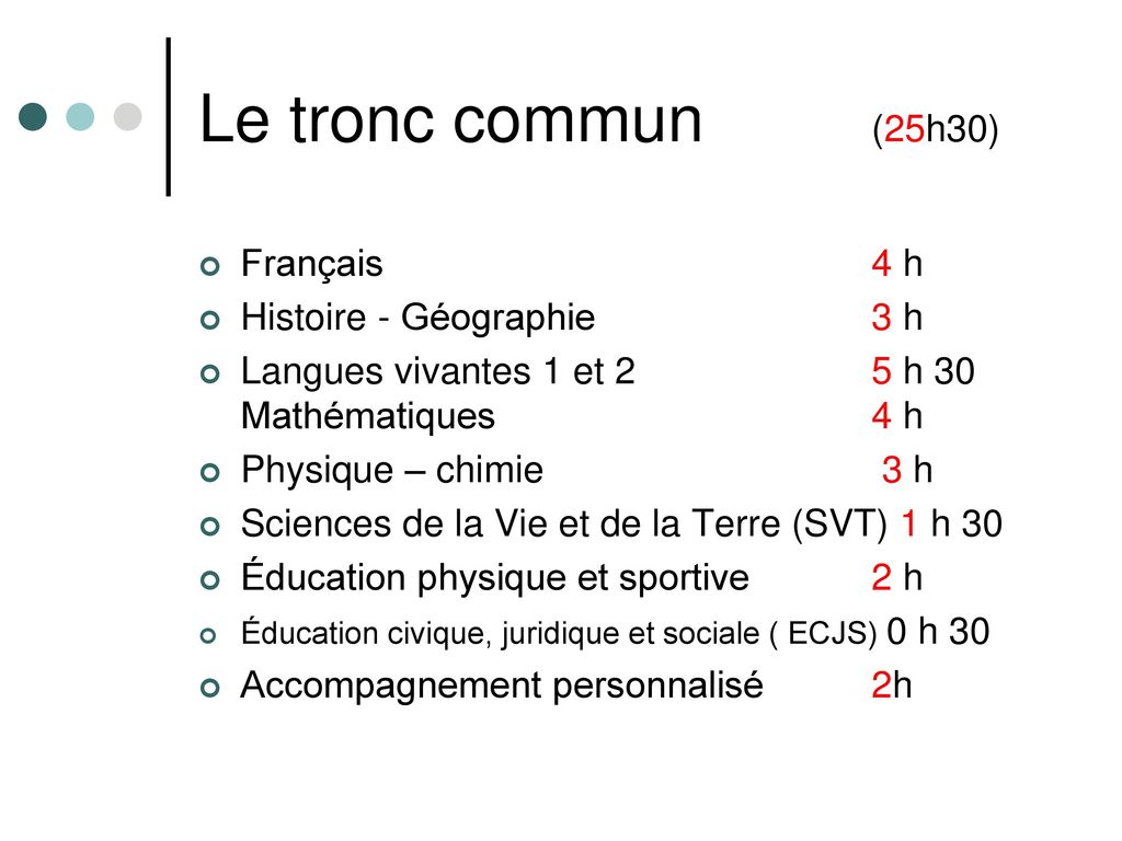 Le tronc commun (25h30) Français 4 h Histoire - Géographie 3 h