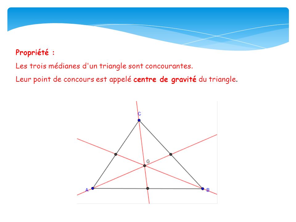 Propriété : Les trois médianes d un triangle sont concourantes.
