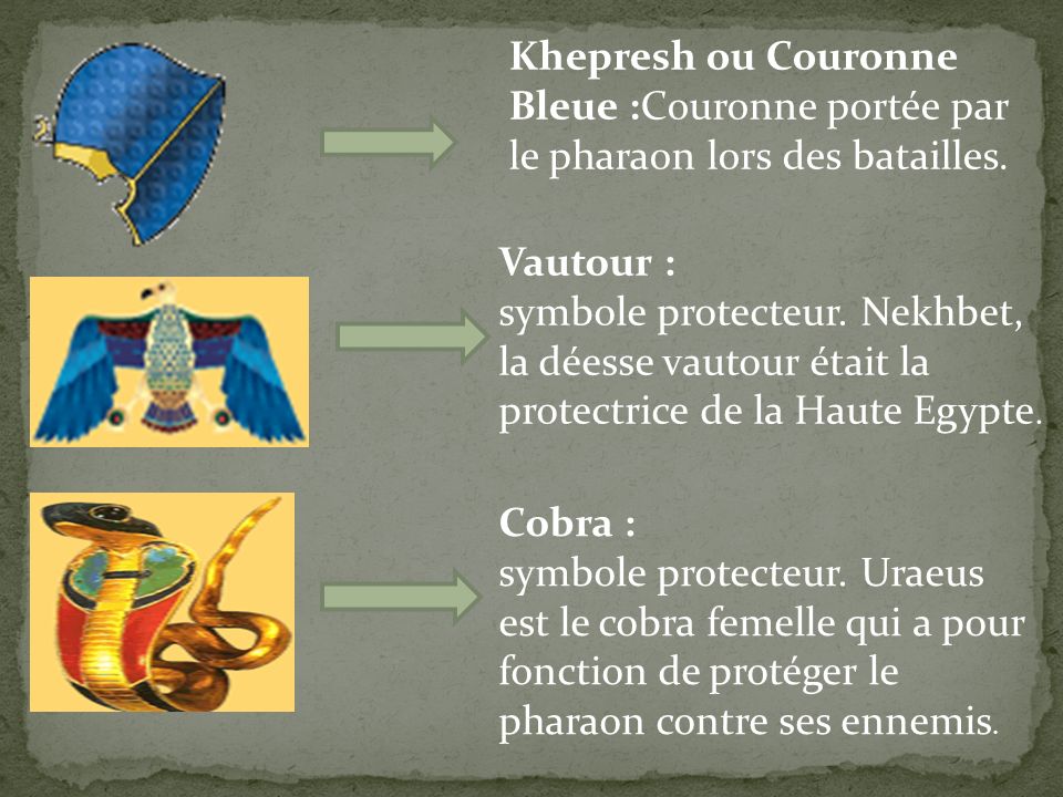 Khepresh ou Couronne Bleue :Couronne portée par le pharaon lors des batailles.
