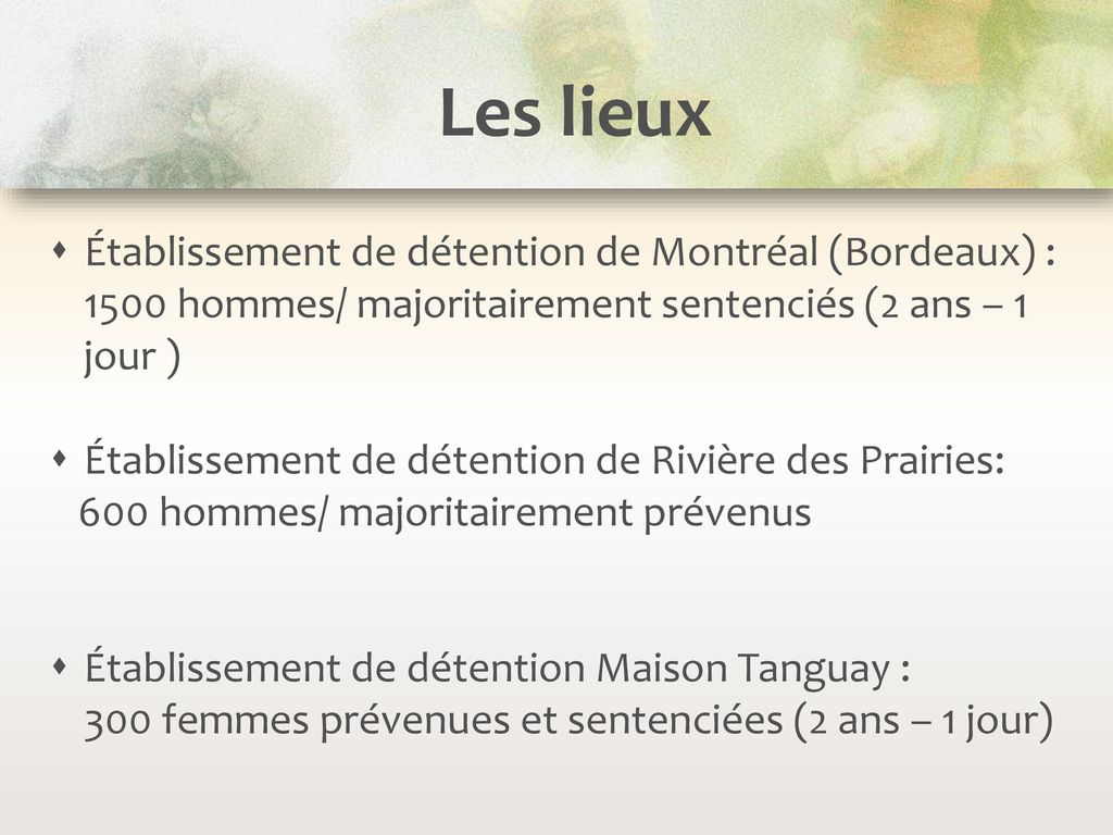 Les lieux Établissement de détention de Montréal (Bordeaux) : 1500 hommes/ majoritairement sentenciés (2 ans – 1 jour )