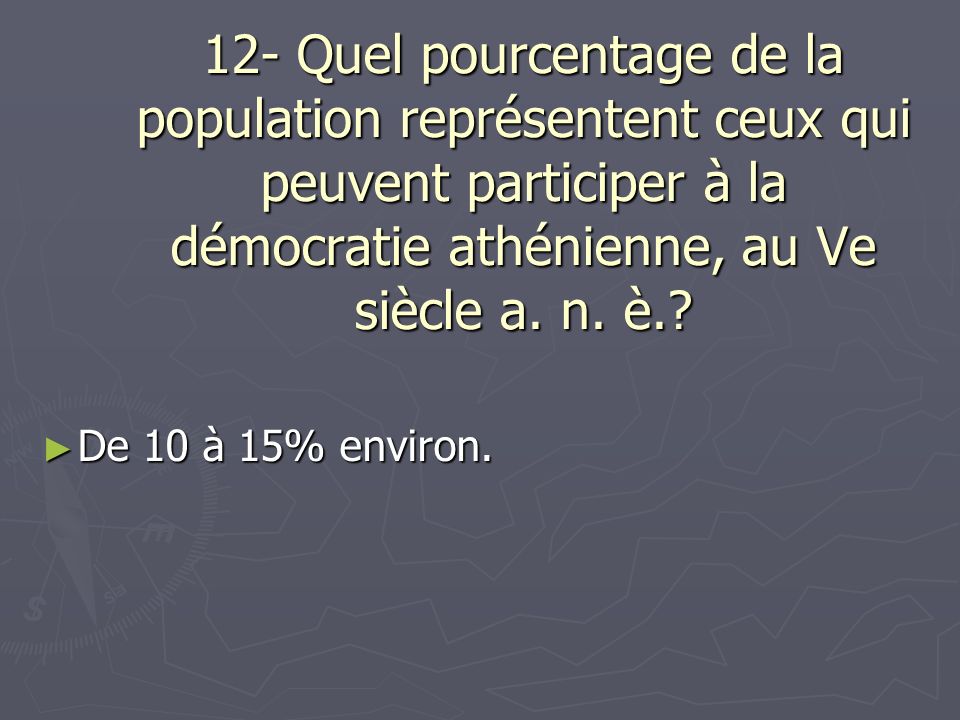12- Quel pourcentage de la population représentent ceux qui peuvent participer à la démocratie athénienne, au Ve siècle a. n. è.