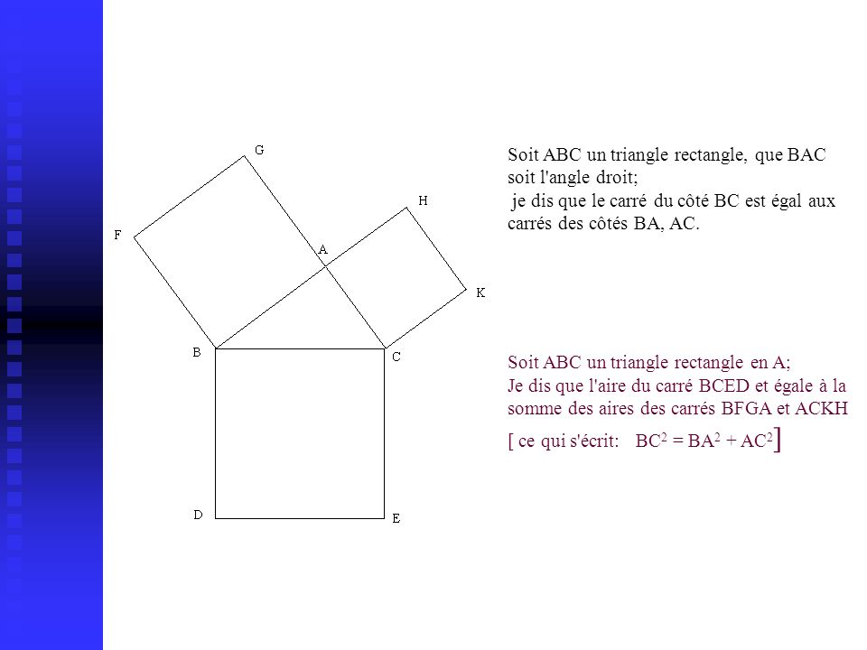 Soit ABC un triangle rectangle, que BAC soit l angle droit;