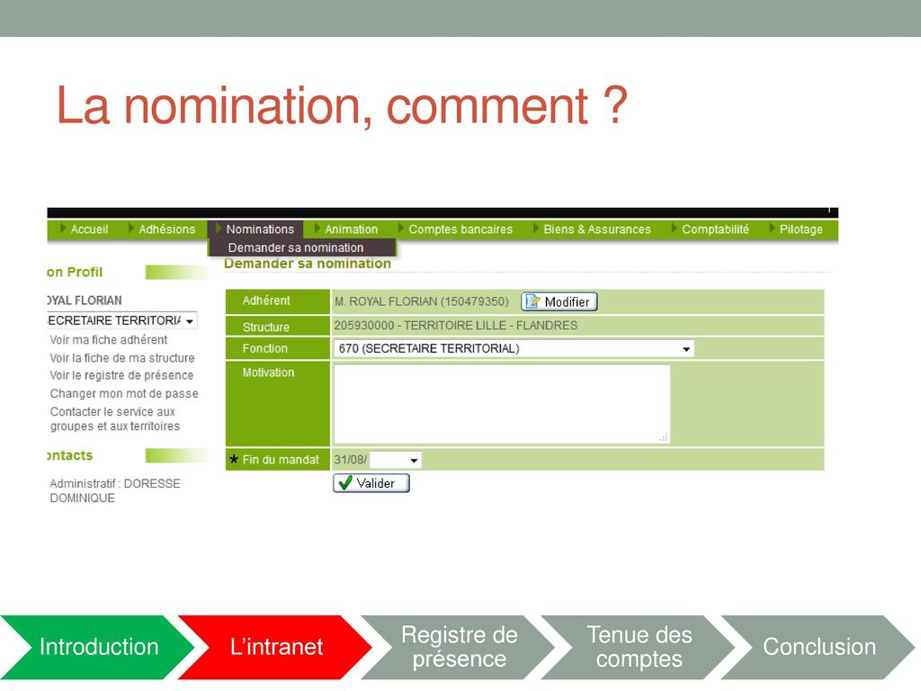 La nomination, comment Introduction L’intranet Registre de présence