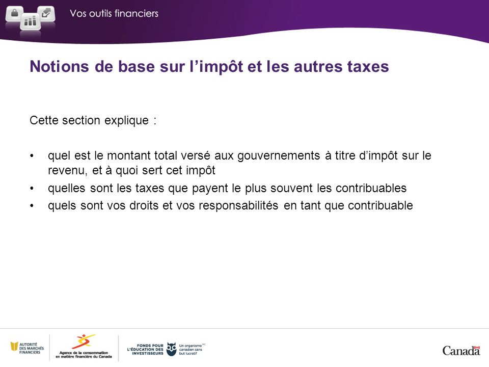 Notions de base sur l’impôt et les autres taxes