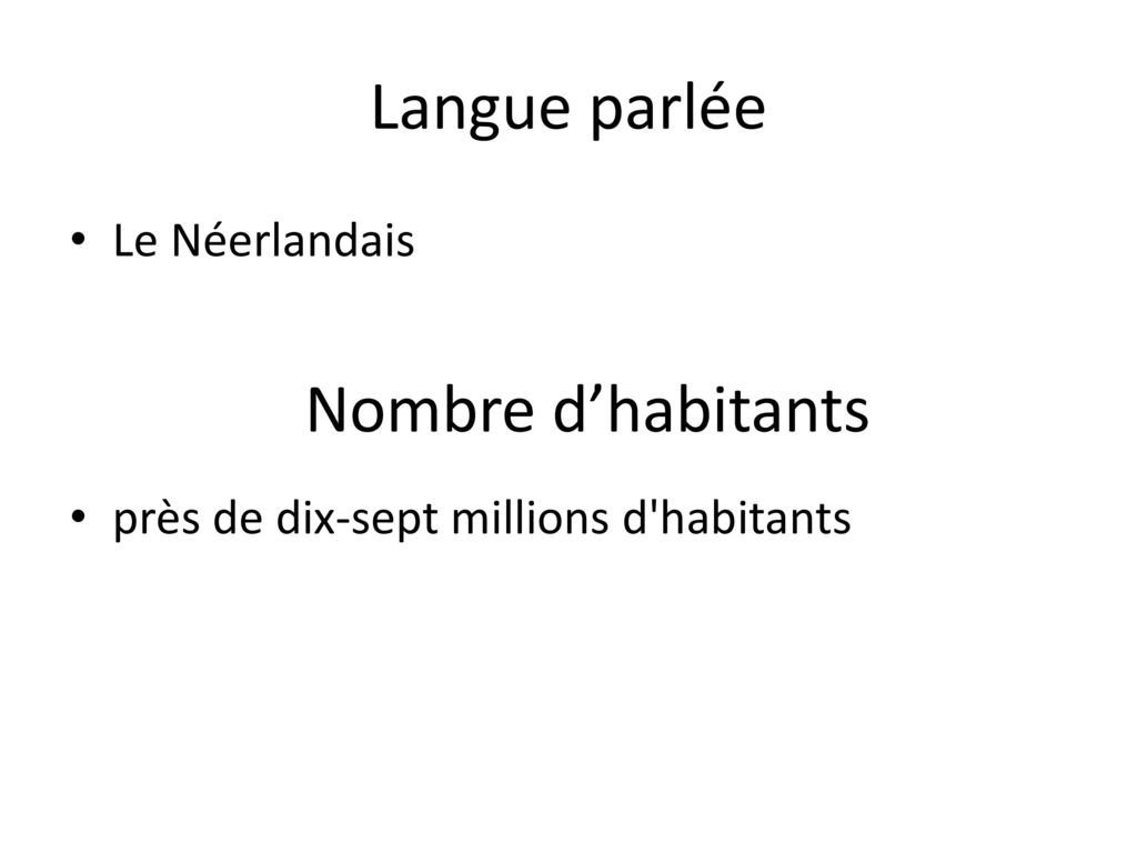 Langue parlée Nombre d’habitants Le Néerlandais
