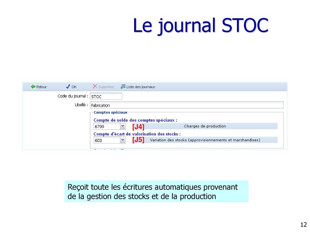 Le journal STOC [J4] [J5] Reçoit toute les écritures automatiques provenant de la gestion des stocks et de la production.