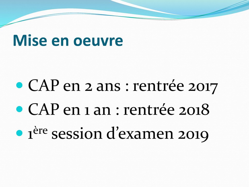 Mise en oeuvre CAP en 2 ans : rentrée 2017 CAP en 1 an : rentrée 2018