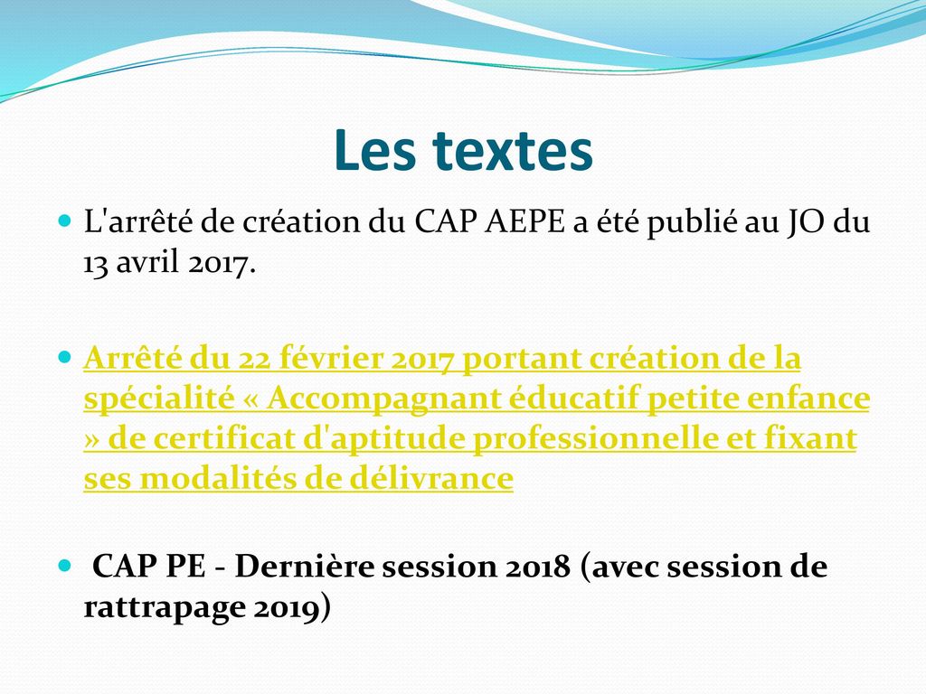 Les textes L arrêté de création du CAP AEPE a été publié au JO du 13 avril