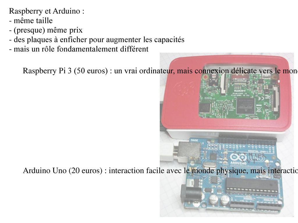 Raspberry et Arduino : - même taille. - (presque) même prix. - des plaques à enficher pour augmenter les capacités.