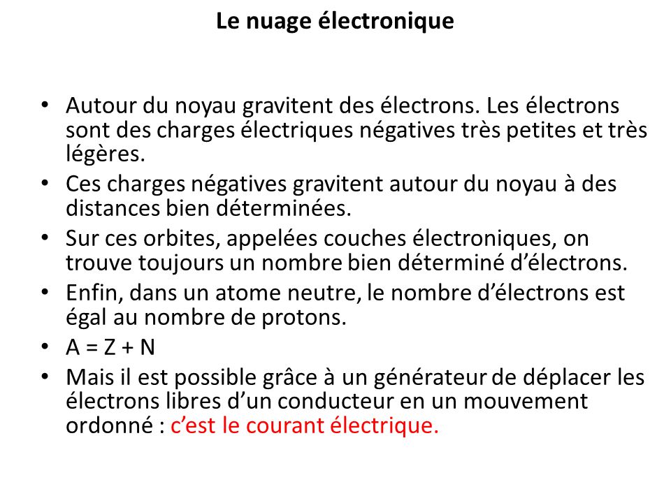 Le nuage électronique Autour du noyau gravitent des électrons. Les électrons sont des charges électriques négatives très petites et très légères.
