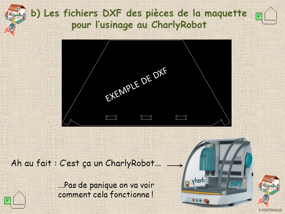 b) Les fichiers DXF des pièces de la maquette pour l’usinage au CharlyRobot