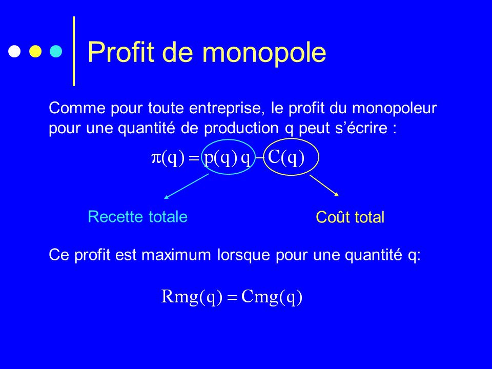 Profit de monopole Comme pour toute entreprise, le profit du monopoleur pour une quantité de production q peut s’écrire :