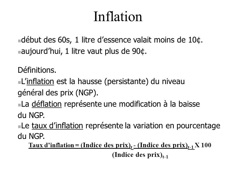 Taux d’inflation = (Indice des prix)t - (Indice des prix)t-1 X 100