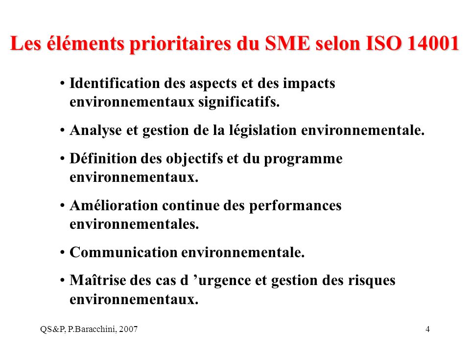Les éléments prioritaires du SME selon ISO 14001