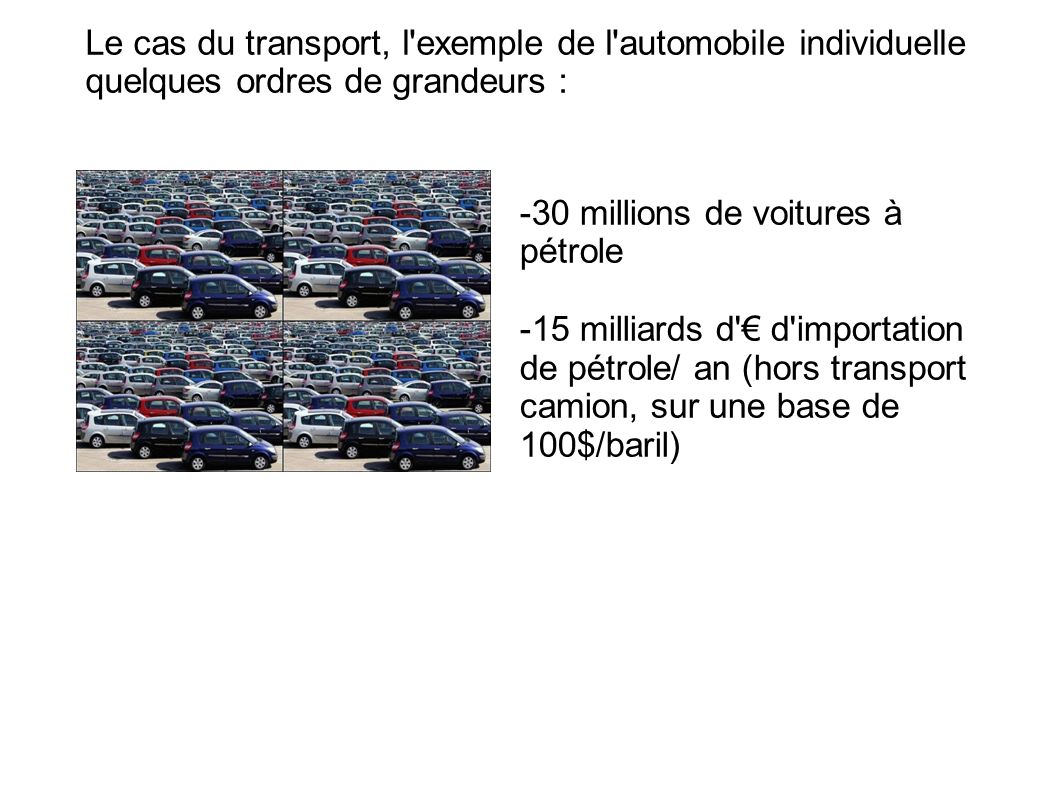 Le cas du transport, l exemple de l automobile individuelle quelques ordres de grandeurs :