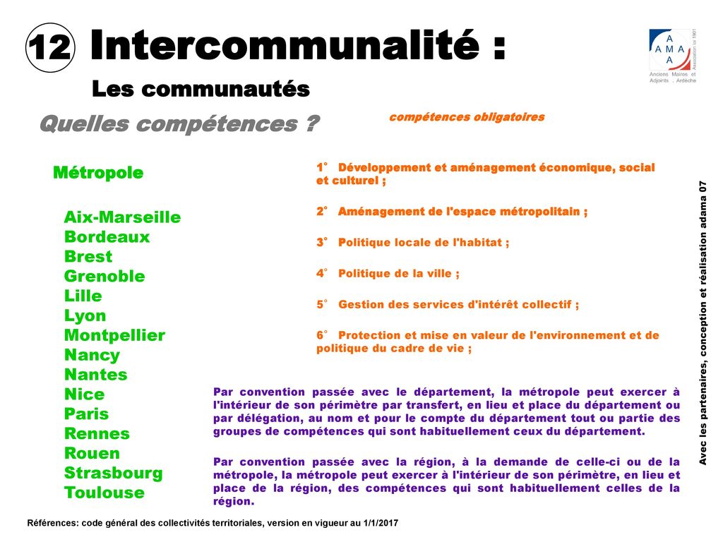 Intercommunalité : 12 Les communautés Quelles compétences Métropole