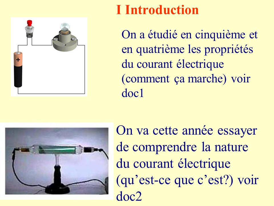 I Introduction On a étudié en cinquième et en quatrième les propriétés du courant électrique (comment ça marche) voir doc1.