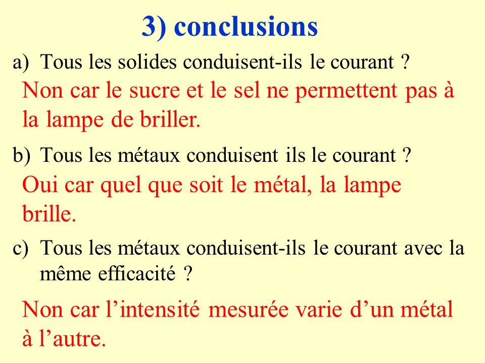 3) conclusions Tous les solides conduisent-ils le courant Tous les métaux conduisent ils le courant