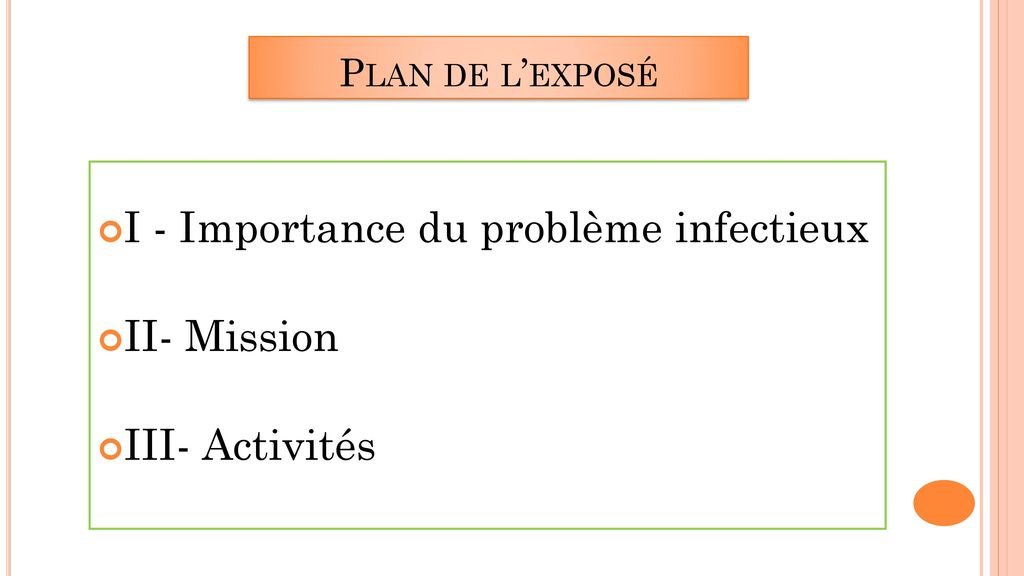 I - Importance du problème infectieux II- Mission III- Activités