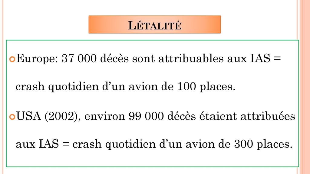 Létalité Europe: décès sont attribuables aux IAS = crash quotidien d’un avion de 100 places.