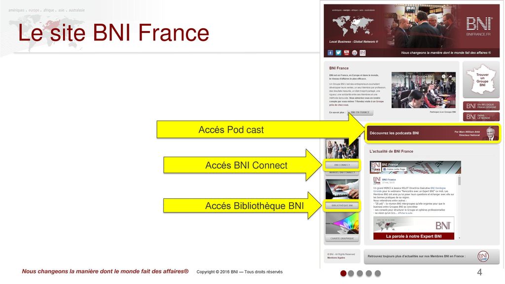 Le site BNI France Accés Pod cast Accés BNI Connect