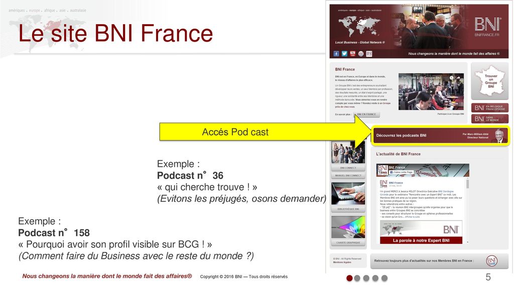 Le site BNI France Accés Pod cast Exemple : Podcast n°36