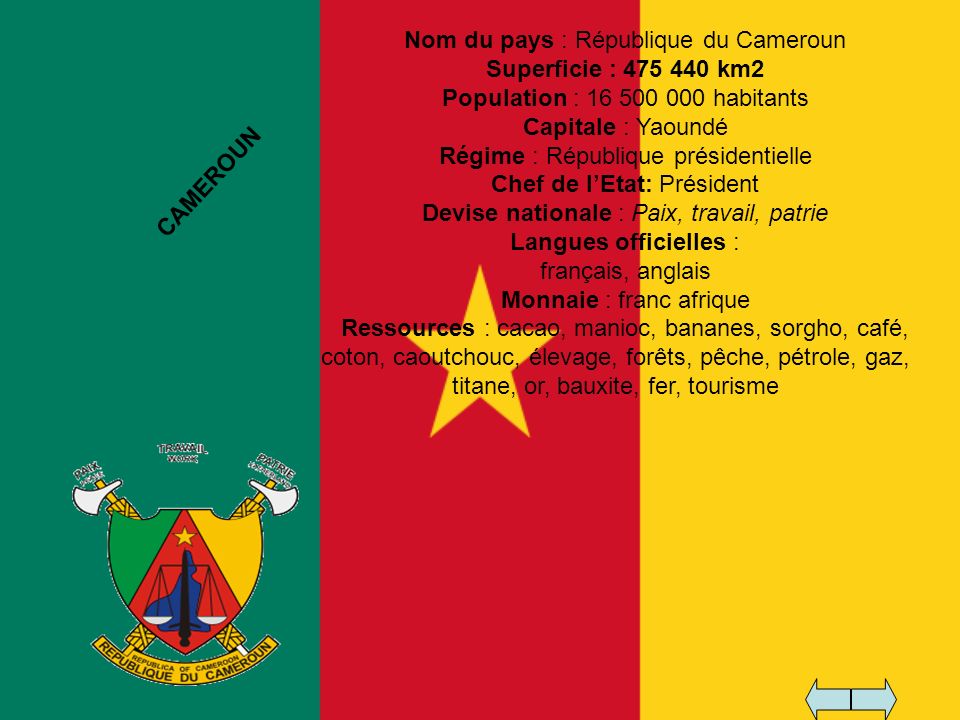 Nom du pays : République du Cameroun Superficie : km2
