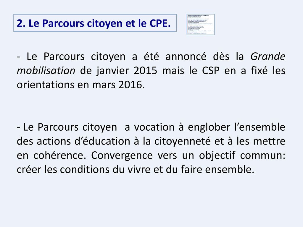 2. Le Parcours citoyen et le CPE.