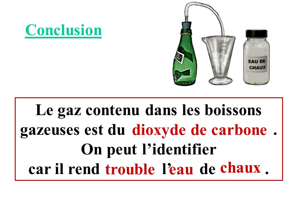 Conclusion Le gaz contenu dans les boissons gazeuses est du . On peut l’identifier.